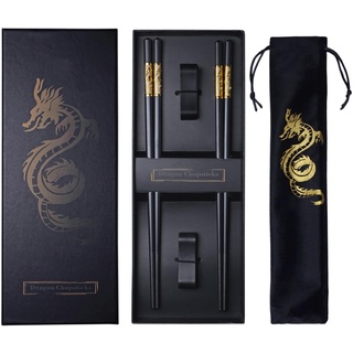 Essstäbchen Wiederverwendbare Chinesische Drachen Essstäbchen mit Halter und Tragetasche, Premium Chinesische Traditionelle Stilvolle Geschenk-Set (2 Paar-Drachen)