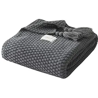 Strickdecke für Sofa, Bett, Stuhl, atmungsaktiv, Heimdekoration, Boho, dick, dekorativ, leicht, bequem, weich, alle Jahreszeiten, Grau, 100 x 150 cm