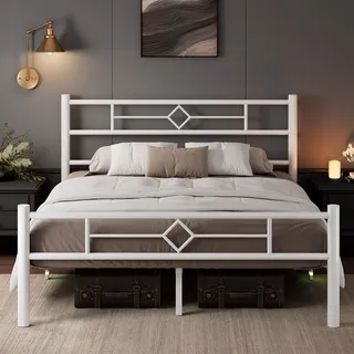 Feonase Metallbett 140x200 mit Kopfteil und Fußteil, Bett mit Unterbettkasten, Bettgestell 140x200 Massive Metalllamellenstütze, geräuschfrei, Weiß