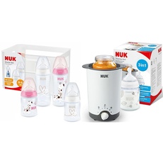 NUK First Choice+ Babyflaschen Starter Set | 0–6 Monate | 4 Flaschen mit Temperature Control & Flaschenbox | Anti-Colic Air System | BPA-frei | 5-teilig | rosa & Thermo 3 in 1 Flaschenwärmer
