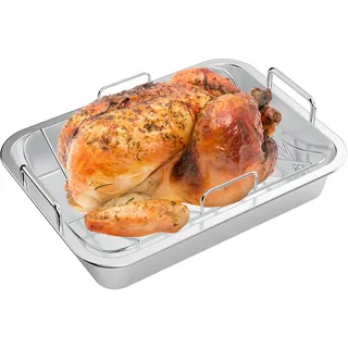Onlyfire Bräter mit Rost, Edelstahl Bratblech mit Gestell, 40x29,5x10cm, Truthahn Bräter für Backofen, Rechteckig Backblech mit Griffen für Truthähne, Fleisch, Gemüse
