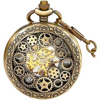 BOSHIYA Herren Taschenuhr mit Kette Mechanische Vintage Steampunk Skelett Halbjäger Handaufzug Mechanische Römische Ziffern Skala Kettenuhr für Herren Gold