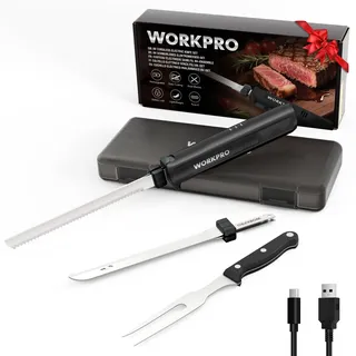 WORKPRO Elektromesser 8V, Kabelloses Küchenmesser mit 2 Edelstahlklingen, Elektrisches Messer mit Gabel, 2000 mAh Akku für Präzises Schneiden von Brot, Fleisch, mit Aufbewahrungsbox, Schwarz