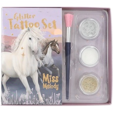 Bild Miss Melody Night Horses - Glitzer Tattoo Set für Kinder mit 41 Klebetattoos, 1 Pinsel und 3 Glitzer-Puder in Silber, Weiß und Gold