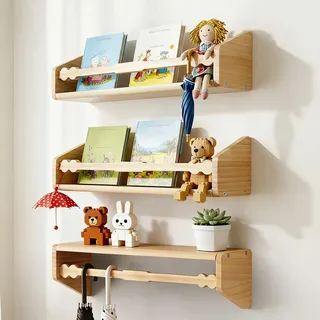 comfoyar Bücherregal Kinder Wand 3er Set, Holz Wandregal Kinderzimmer für Zeitschrift Bücher Lagerung, Schweberegal Holz und Bücherregal Hängend für Küche Schlafzimmer Wohnzimmer, Natürlich