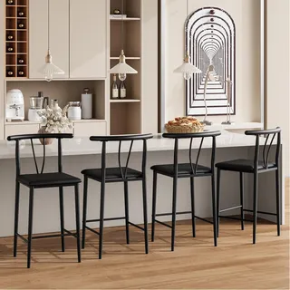 GarveeHome 4-Er Set Hocker Aus PU-Leder, Barhocker Mit Metallgestell, u-Förmige Rückenlehne Und Fußstütze, Für Esszimmer Und Wohnzimmer, 50 x 43 x 95 cm, Schwarz