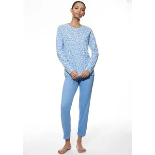 Schlafanzug MEY "Flower Meadow", Damen, Gr. 48, blau (blau silk), Single Jersey, Obermaterial: 100% Baumwolle, bequem 7/8-Länge, Rundhals, Homewear-Sets Schlafanzug, Baumwolle, floral, bequem, klassisch, Rundhals-Ausschnitt