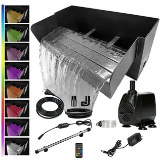 Teich Wasserfall für Gartenteich, 30CM Edelstahl Teichwasserfall Set mit LED Licht Garten Teich Brunnen 45W 3000 L/H mit Wasserfall Deko Garten Teich Wasserspiel Patio Terrasse Außenteich