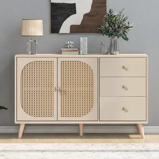 Flieks Kommode Sideboard mit 3 Schubladen und 2 Türen, Rattan Wohnzimmerschränke Stehschrank TV Tisch 120x40x82.5cm - Beige