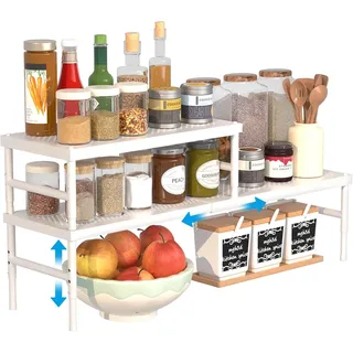 HI NINGER 2er Set 42–72 cm Erweiterbares Schrankregal, Küchen Organizer Verstellbar & Stapelbar, Gewürzregal für Küchenschrank, Arbeitsplatte & Speisekammer (Weiß)