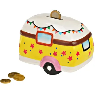 Spardose Campinganhänger aus Keramik – Bunt | Retro-Wohnwagen Bulli Sparfigur für Camper & Kinder (15 x 11 x 10 cm)