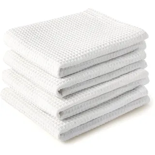 Encasa XO Küchenhandtücher und Waschlappen aus Baumwolle | Weiss | Waffel und Flachgewebe-Geschirrtuch | Geschirrtuch-Set | 70x45 cm, Wiederverwendbar und schnell trocknend 4er-Set