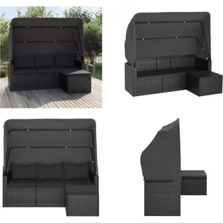 vidaXL 3 Sitzer Gartensofa mit Dach und Fußhocker Schwarz Poly Rattan - 3-Sitzer Gartensofa - 3-Sitzer Gartensofas - Gartensofa - Terrassensofa - Schwarz