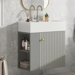 okwish Badezimmermöbel Waschbecken mit Waschtischunterschrank 55 cm , Badezimmer Möbel , Waschtischunterschrank , Waschtischunterschrank hängend hellgrau , Kleine Gästebadmöbel - Grau