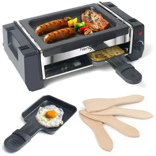 Mini Raclette Grill für 1 bis 2 Personen Tischgrill Elektrisch mit Antihaftbeschichtetem Grillplatte und 2 Raclette Pfännchen & 4 Holzspatel für Grill und Käseschmelze 500W Schwarz