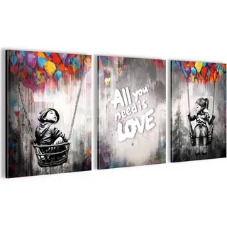Novart Wandbilder Set Banksy Style Kinder - KOMPLETT AUFHÄNGFERTIG - Wohnzimmer Schlafzimmer Flur Deko - 3 Moderne Bilder 30x40 cm Grau - N037435a