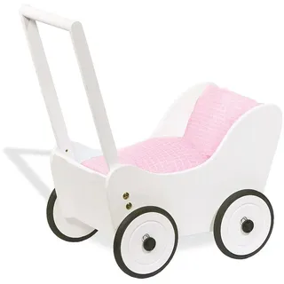 Pinolino Puppenwagen Maria, aus Holz, mit Bremssystem, Lauflernhilfe mit gummierten Holzrädern, für Kinder von 1 – 6 Jahren, weiß