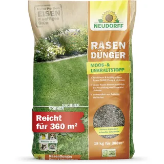 Neudorff RasenDünger Moos- & UnkrautStopp – Rasendünger mit Eisen und Kalium sorgt für einen dichten, grünen Rasen ohne Moos und Unkraut, 18 kg für 360 m2