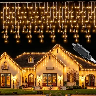 MOLVCE Eisregen Lichterkette Außen Warmweiß 10M 400Leds Lichterkette | IP44 Wasserdicht Weihnachtsbeleuchtung mit Stecker, 8 Modi, Timer und Speicherfunktion für Balkon Haus Fenster Traufe