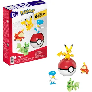 mega pokémon Actionfigur Bauspielzeug für Kinder, Paldea-Region Team mit 79 Teilen, Pikachu, und Kwaks, sowie 1 Pokéball - Gelb