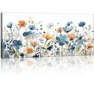 Mit Rahmen Großes Leinwandbilder Bilder Aquarell Marineblaue Wildblumen bild auf leinwand Wandkunst Modern Wandbilder XXL Kunstdruck Deko für Wohnzimmer Schlafzimmer fertig zum Aufhängen 120x50cm