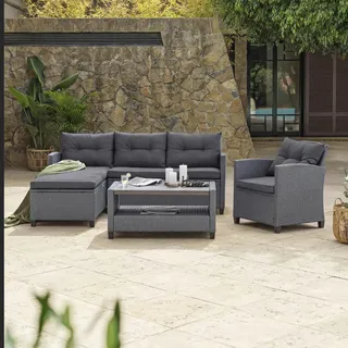 Ambia Garden Loungegarnitur , Grau , Metall, Kunststoff, Textil , Füllung: Polyester,Schaumstoff , L-Form , eckig , UV-beständig, wetterfest , Gartenmöbel, Loungemöbel, Loungegarnituren