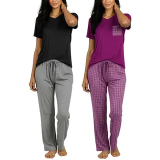Real Essentials 2er-Pack: Damen-Pyjama-Set, superweich, kurz- und langärmelig, Oberteil mit Hose (in Übergröße erhältlich), Kurzarm-Set E, M
