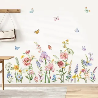 decalmile Wandtattoo Blumen Bunt Wandaufkleber Garten Blumen Schmetterlinge Wandsticker Kinderzimmer Mädchen Wohnzimmer Sofa Hintergrund Wanddeko