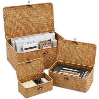 Aufbewahrungskorb-Set aus geflochtenem Rattan – Seegras Körbe mit Deckel, handgeflochten, mit stabilem Drahtgestell, Wäschekörbe,Körbe & Aufbewahrungsbox Badezimmer, Schlafzimmer, Wohnzimmer (XXL+L+S)