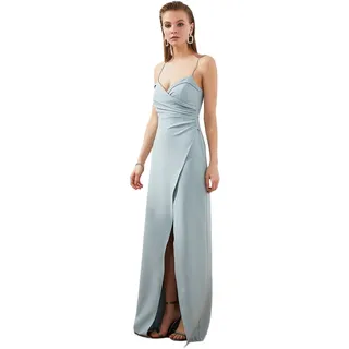 Trendyol Damen Maxi-Wickelkleid, enganliegend, gewebt, Abendkleid, Grau-Mint, 64