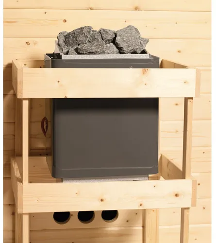 Bild von Sauna Sonja mit Klarglastür und Kranz Ofen 9 kW Saunaofen 9kW extern Klargla - beige