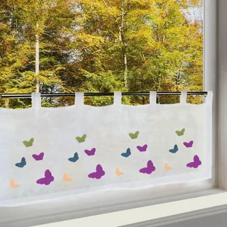 Delindo Lifestyle Scheibengardine Bunte Schmetterlinge, Gardine mit besticktem Motiv für Frühling und Sommer, Moderne tranparente Bistrogardine für die Küche, weiß, 45x115 cm