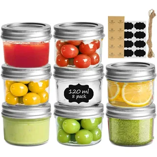 ComSaf 125ml Einmachgläser mit Schraubdeckel und Aufkleber Marmeladengläser 8er, Kleine Einmachgläser mit Deckel für Gewürze, Gelee, Marmelade, Joghurtgläser, Meal Prep Gläser Mason Jar mit Deckel