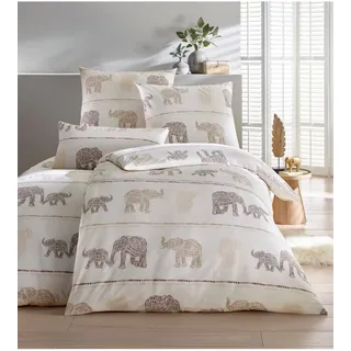 Bettwäsche HEINE HOME Gr. 1, beige (sesam, weiß, bedruckt), B/L: 135cm x 200cm, Renforcé, B/L: 80cm x 80cm, 2 Stk., Renforcé, 100% Baumwolle, Bettwäsche, Bettwäsche