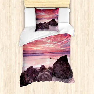 ABAKUHAUS Landschaft Bettbezug Set für Einzelbetten, Meerblick Romantik Foto, Milbensicher Allergiker geeignet mit Kissenbezug, Korallenrot Lila Creme