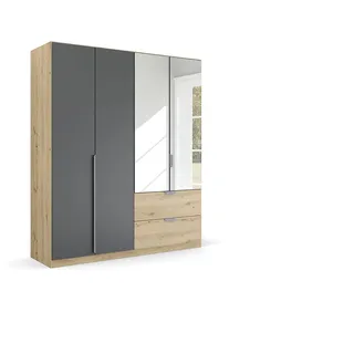 Rauch "Dark&Wood by Quadra Spin Schrank Drehtürenschrank grau metallic-Eiche artisan, Schwarz, Holz, 4-TRG. Spiegel inkl. 2 Kleiderstangen, 2 Einlegeböden, 2 Schubladen, BxHxT 181x210x54 cm