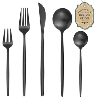 Bestdin Besteck Set 6 Personen, 30 teilig Edelstahl Besteckset Schwarz Matt, Essbesteck Set mit Messer Gabel Löffel, Hochwertiges Edelstahlbesteck, Spülmaschinenfest.