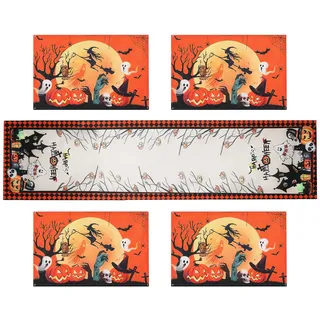 Simpeak Halloween Tischläufer mit 4 Tischsets, Halloween-Kürbisse Polyester Tischdekoration für Halloween Party Küche Esszimmer Ferienhaus Tisch Decor, 30 x 180 cm/12" x 71"