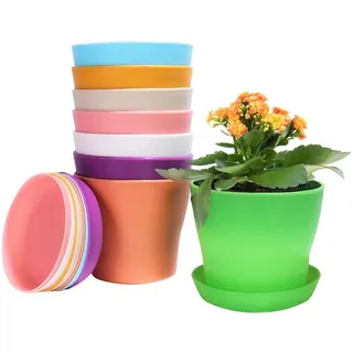 KAHEIGN 8Pcs Blumentöpfe Kunststoff Bunt 14cm Runde Kleine Blumentöpfe, 8 Farben Mini Blumentopf Pflanztöpfe Pflanzenbehälter Innenblumentöpfe mit Palettenschalen für Büro Haus Balkon (14 x 12cm)