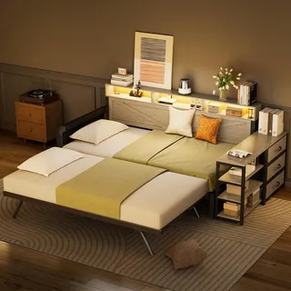 Flieks Jugendbett 90x200cm mit Ausziehbett (90x190cm), Tagesbett Metallbett mit Led und Ladefunktion, Kinderbett Einzelbett mit Stauraum, Schwarz - Schwarz