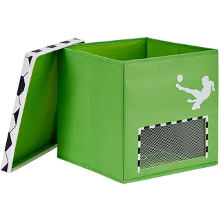 Love IT Store IT Fußball Aufbewahrungsbox mit Deckel - Spielzeugkiste für Kallax Regal aus Stoff - Verstärkte Wände und Deckel - Grün mit Tornetz - 30x30x30 cm