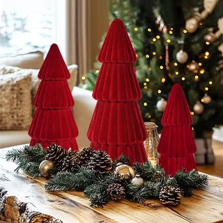 Miaikoe 3 Stück Samt Weihnachtsbaum Dekorationen Verschiedene Größen Moderne Kegel künstliche Bäume für Weihnachtsdekoration Winter Urlaub Eingang Tischplatte Mittelstück (Rot)