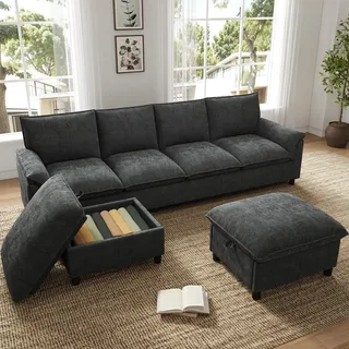 STILVORA Cloud-Sofa U-Form als modulares Ecksofa mit Deep-Seat-Design, U-Sofa mit 2 beweglichen Fußhockern, Wohnlandschaft mit hoher Rückenlehne Schwarz - Schwarz