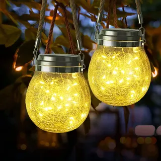 Solarleuchten Garten, ZQX 2 Stück 30 LED Solarlampen für Außen Kugel Hängend Solarlaterne IP65 Wasserdicht Einmachglas Glaslaterne Aufhängen Solar Glas Risslicht für Outdoor Balkon Camping (Warmweiß)