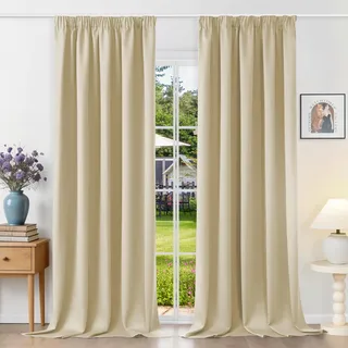 Runyéla Gardinen mit Kräuselband Vorhänge Blickdicht Beige Verdunkelungsvorhänge 2er Set 260 x 140 (HxB) für Schienensystem, Thermovorhänge Kälteschutz Schiebegardinen für Wohnzimmer Curtain