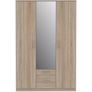 FORTE NIKO Schrank 120 130, Kleiderschrank mit Spiegel, Drehtürenschrank Skandinavisch 3-türig, mit 2 Schubladen, Einlegeböden und Kleiderstange, Sonoma Eiche, 123 cm breit x 185 cm hoch x 53 cm tief