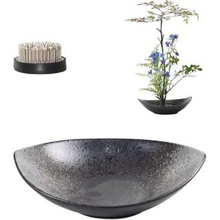 WANDIC Blumen Frosch Set, Ikebana Schale Japanisch Vase Sichelförmige Blumenvase mit 5 cm Ikebana-Kenzan-Blumenfrosch und Holzsockel für Blumenarrangements, Kunst, schwarz gepunktet