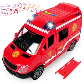 Realistischer Rettungswagen mit Licht & Sound – Push-and-Go Krankenwagen, bewegliche Türen & Zubehör für Kinder ab 3 Jahren