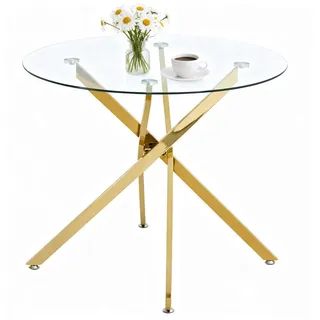 Beaok Glasesstisch 80/76 cm mit goldfarbenem Metallgestell für 2 bis 4 Personen , Goldfarben , 80x76x80 cm , Esszimmer, Esstische