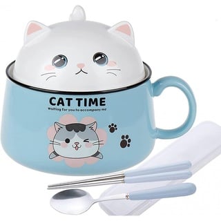 lachineuse - Ramen Schüssel Kawaii Katze mit Deckel - Cat Time Ramen Bowl 1020 ml - Nudelsuppe Schüssel - Nudelschüssel Schale - Müslischalen mit Henkel - Farbe Blau